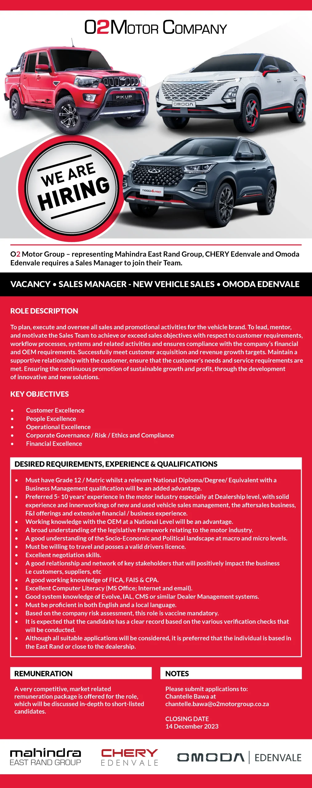 Vacancy Ad OMODA Sales Manager New Vehicles correct scaled